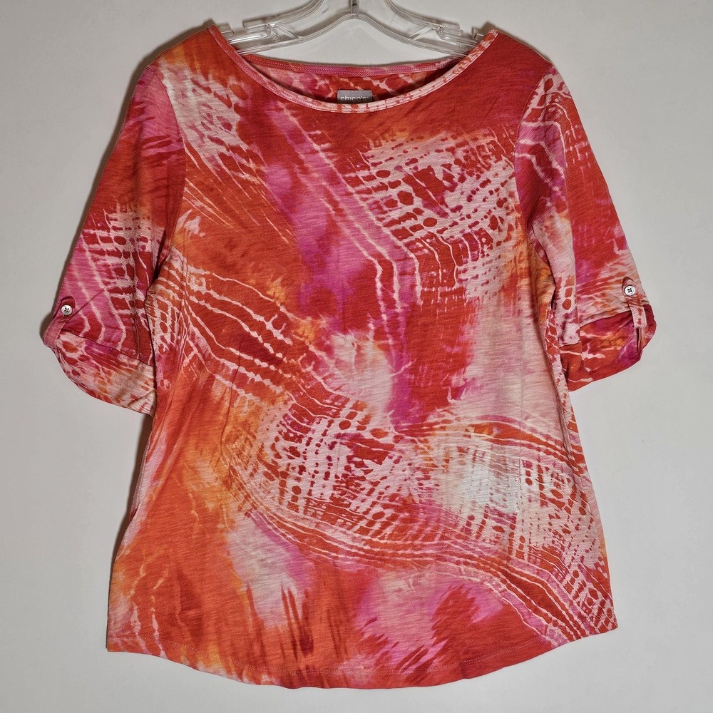 Chicos Shirt Womens Medium Pink Orange Tie Dye 3/4 Sleeve‎ Button Tab Top Boho M